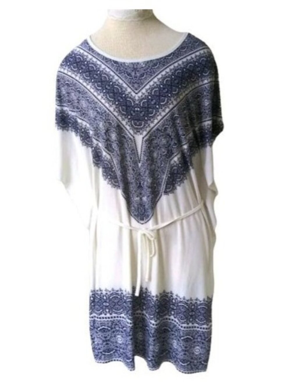 5th & Love Size Large Caftan Dress Blue White Bohemian Print Tie Waist Belt - Picture 2 of 8